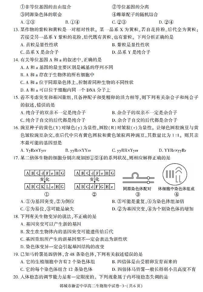陕西省渭南市韩城市新蕾中学2021-2022学年高二上学期期中考试生物试题03