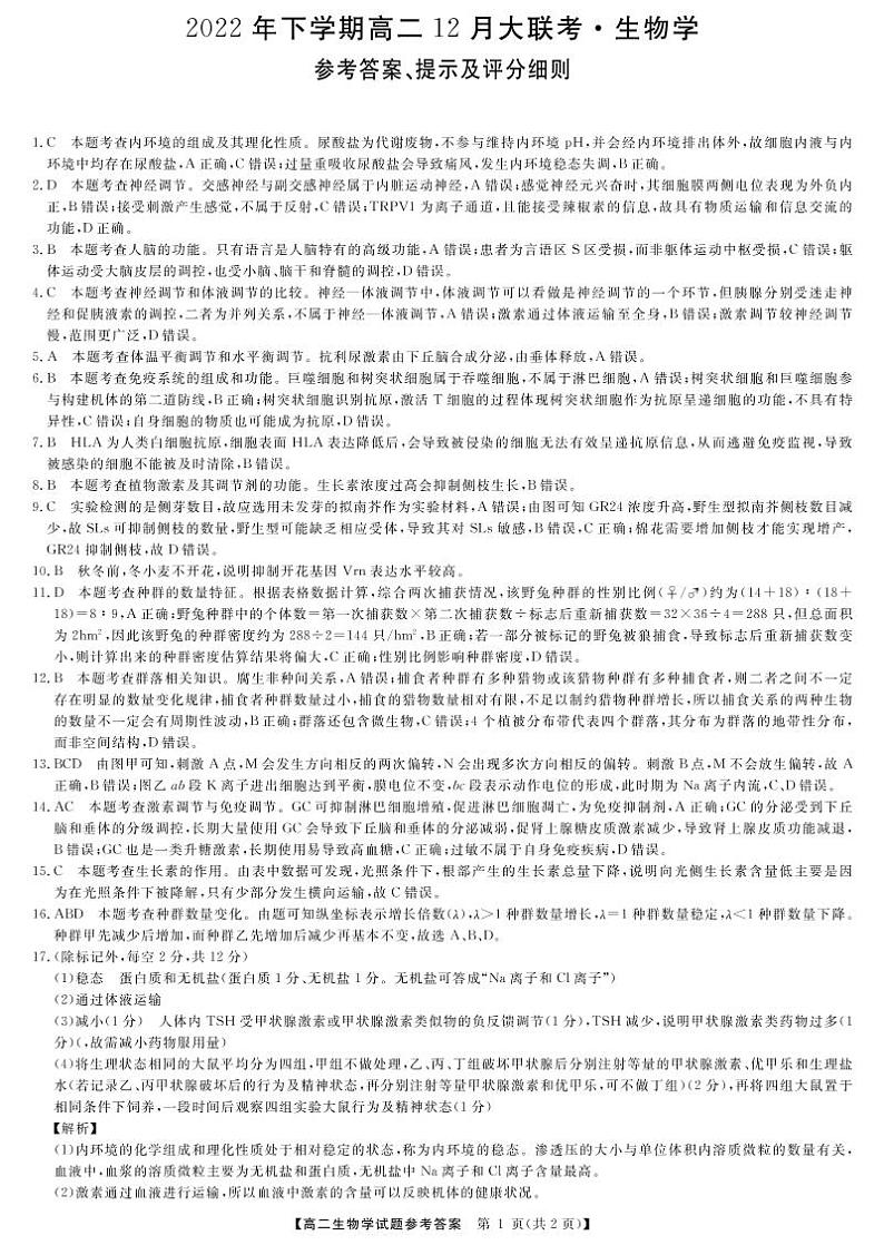 2023湖南省高二上学期12月联考生物试题图片版含解析01