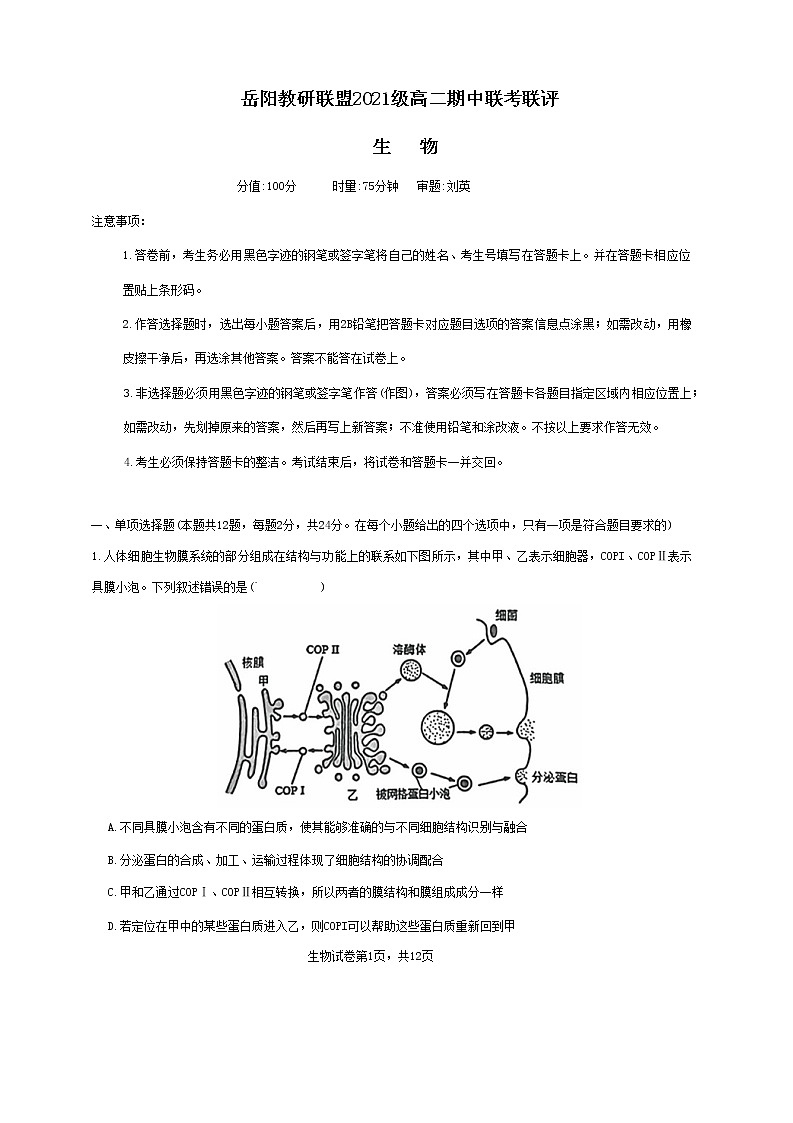 2023岳阳教研联盟高二上学期期中联考联评试题生物无答案第1页