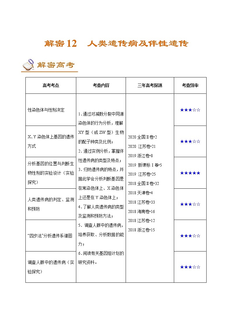 高考生物二轮复习讲义解密12人类遗传病及伴性遗传(含解析)第1页