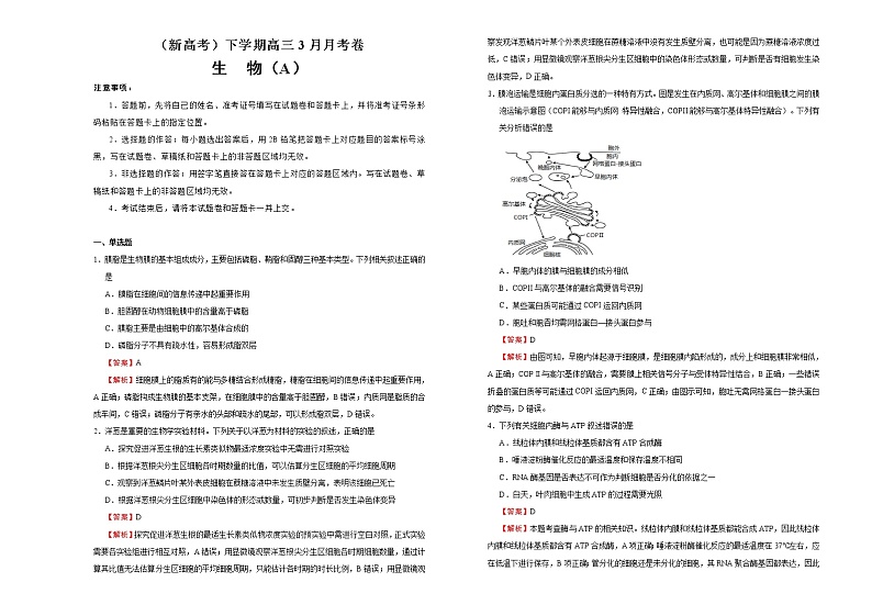 （新高考）高三生物3月月考卷 生物（A卷）(2份打包，解析版+原卷版，可预览)01