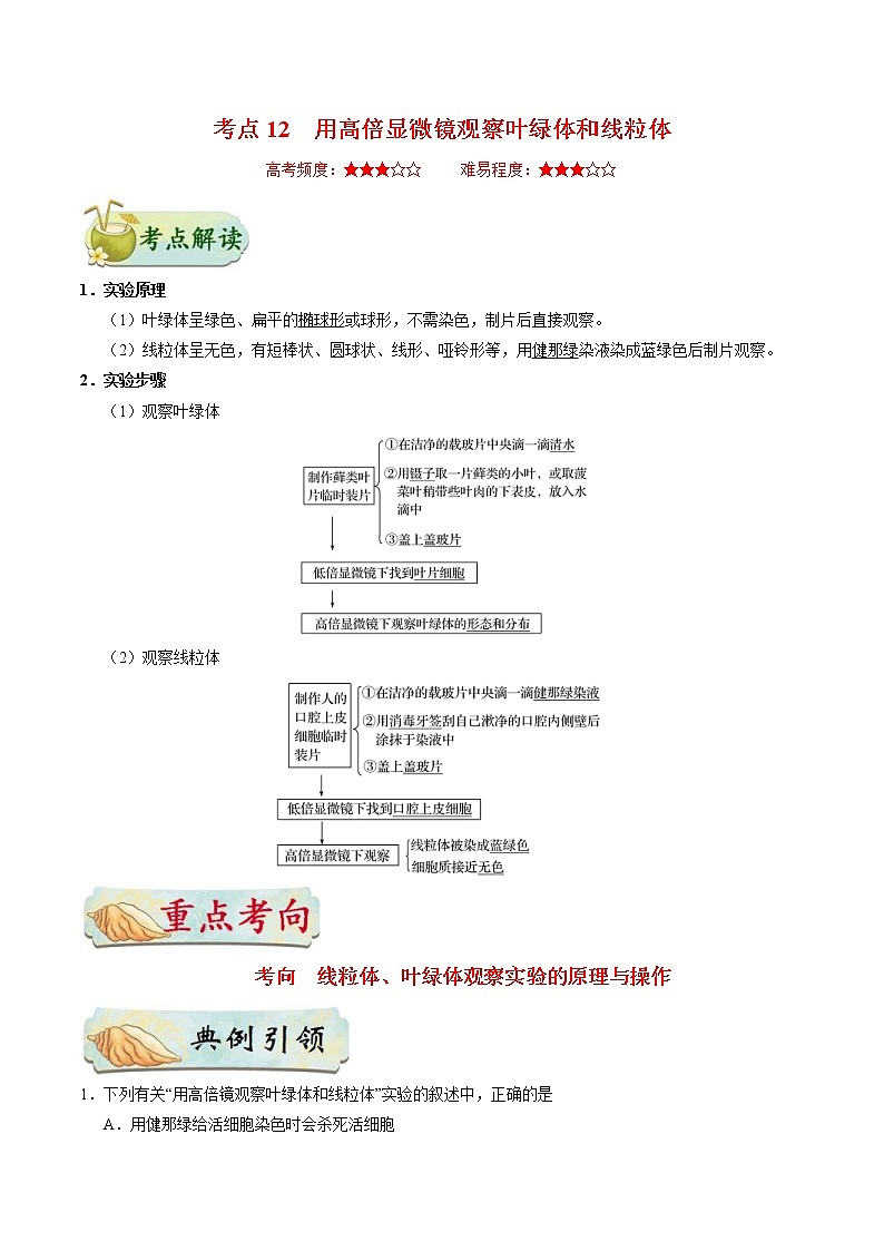 高考生物一轮复习考点一遍过考点12 用高倍显微镜观察叶绿体和线粒体(含解析) 试卷01
