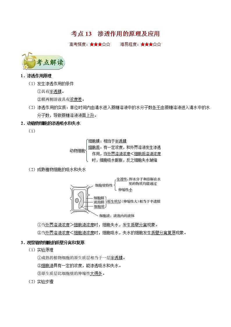 高考生物一轮复习考点一遍过考点13 渗透作用的原理及应用(含解析)第1页