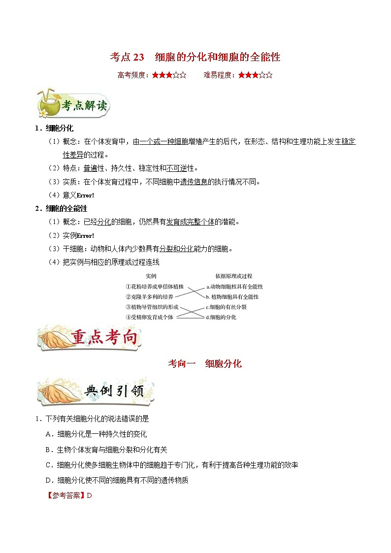 高考生物一轮复习考点一遍过考点23 细胞的分化和细胞的全能性(含解析)第1页