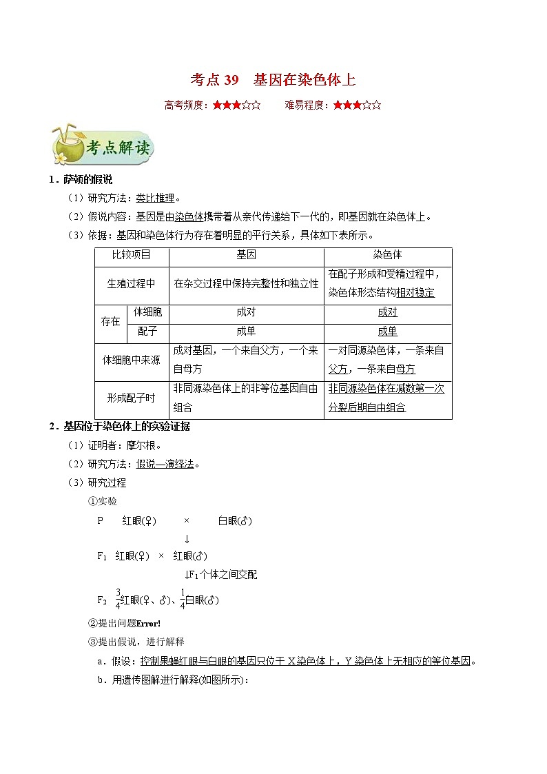 高考生物一轮复习考点一遍过考点39 基因在染色体上(含解析) 试卷01