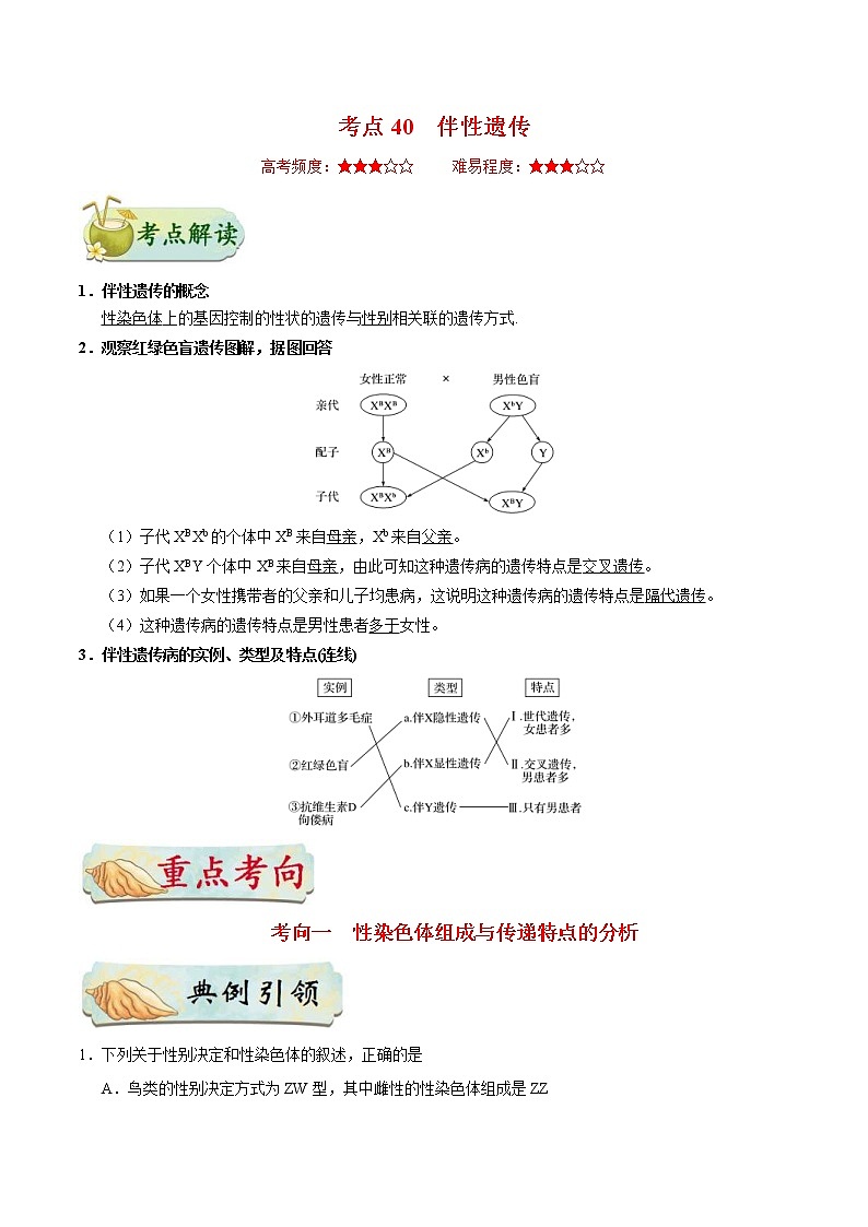 高考生物一轮复习考点一遍过考点40 伴性遗传(含解析) 试卷01