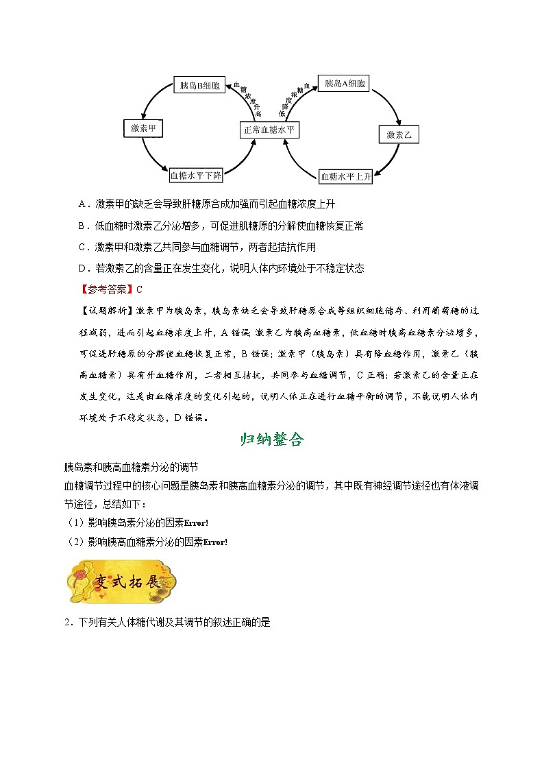 高考生物一轮复习考点一遍过考点49 血糖平衡调节(含解析) 试卷02