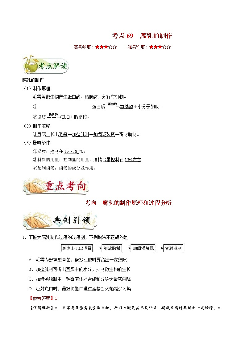 高考生物一轮复习考点一遍过考点69 腐乳的制作(含解析)第1页