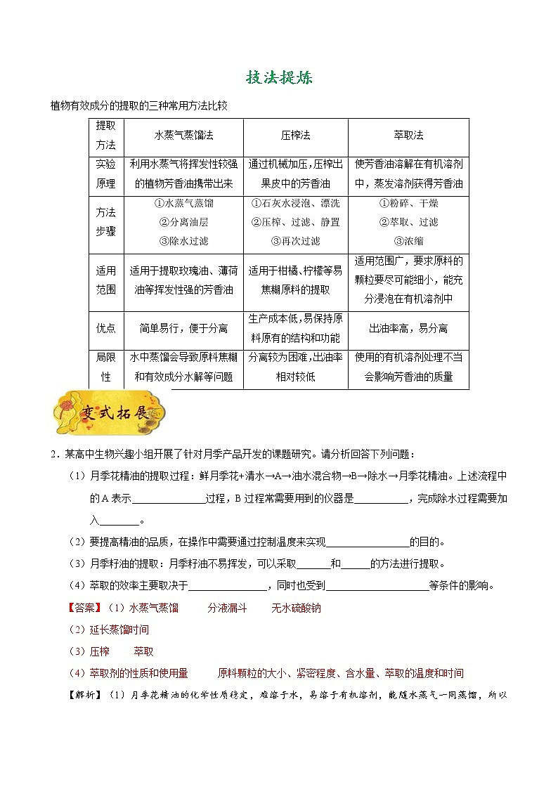 高考生物一轮复习考点一遍过考点77 植物芳香油的提取(含解析) 试卷02