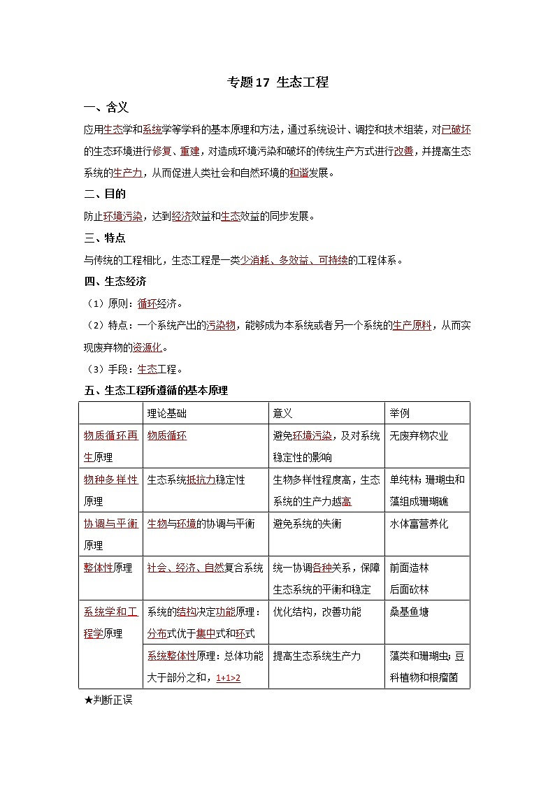 高考生物一轮复习知识清单：17生态工程第1页