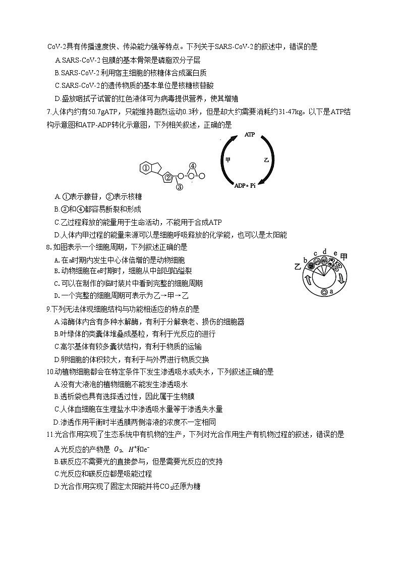 2023浙江省缙云中学等四校高一上学期12月联考试题生物无答案02