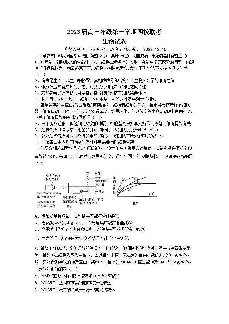 江苏省盐城市四校2022-2023学年高三生物上学期12月联考试题（Word版附答案）01