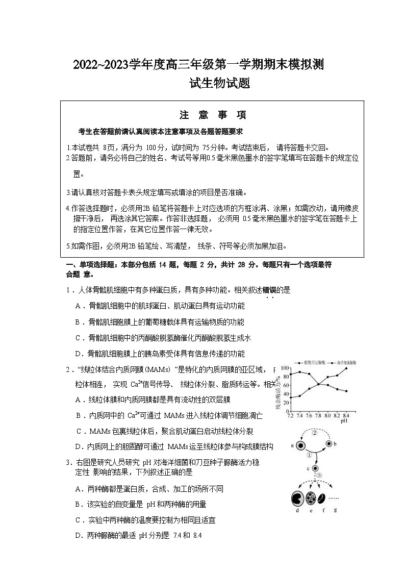 江苏省徐州市2022-2023学年高三生物上学期期末模拟测试试题（Word版附解析）第1页