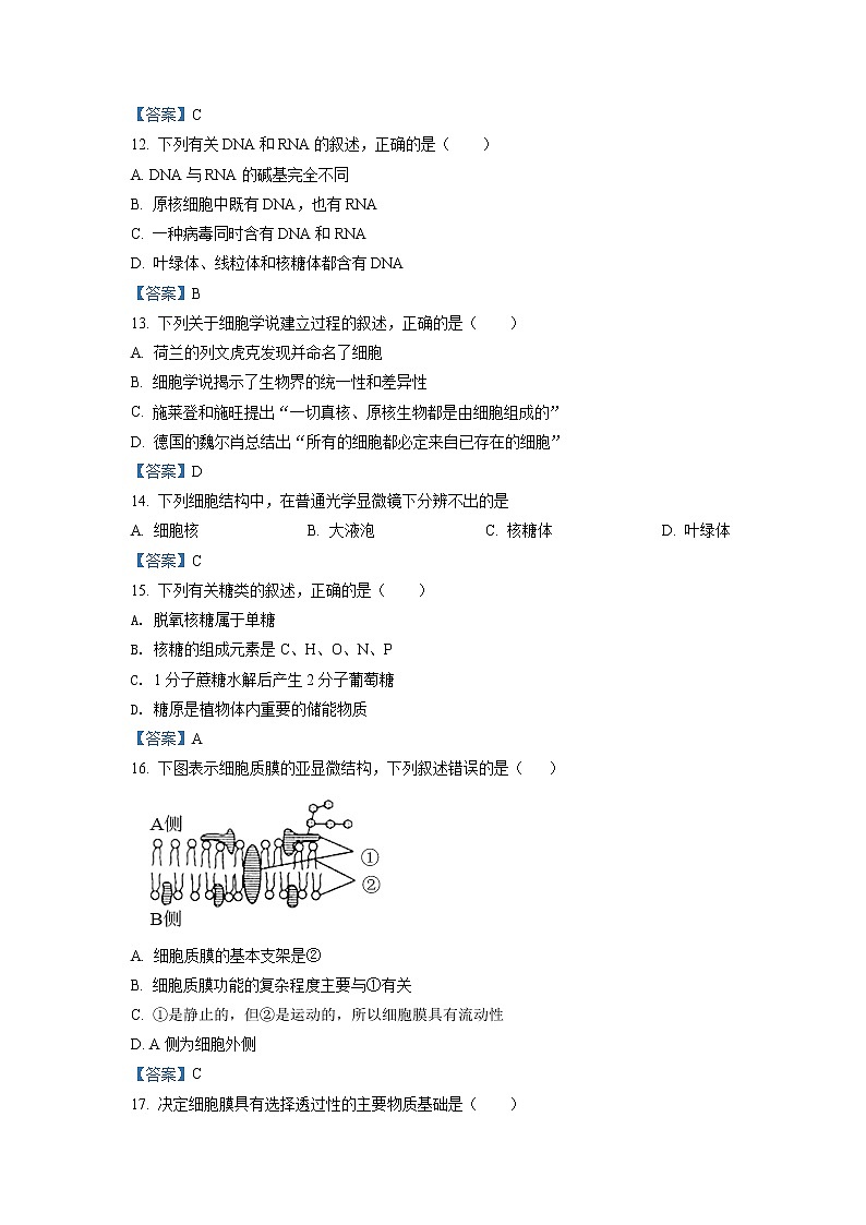2021-2022学年浙江省嘉兴市第五高级中学高一10月份月考生物试题Word版含答案03