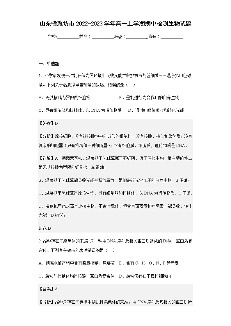 2022-2023学年山东省潍坊市高一上学期期中检测生物试题含解析01