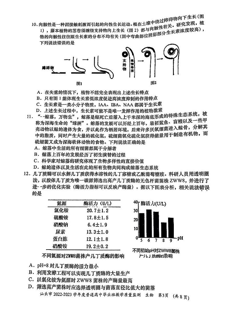 2023汕头高三上学期教学质量监测试题生物PDF版无答案第3页