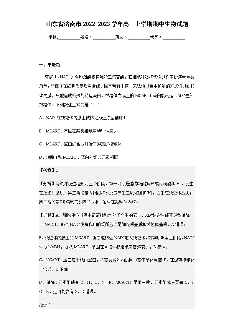 2022-2023学年山东省济南市高三上学期期中生物试题含解析第1页