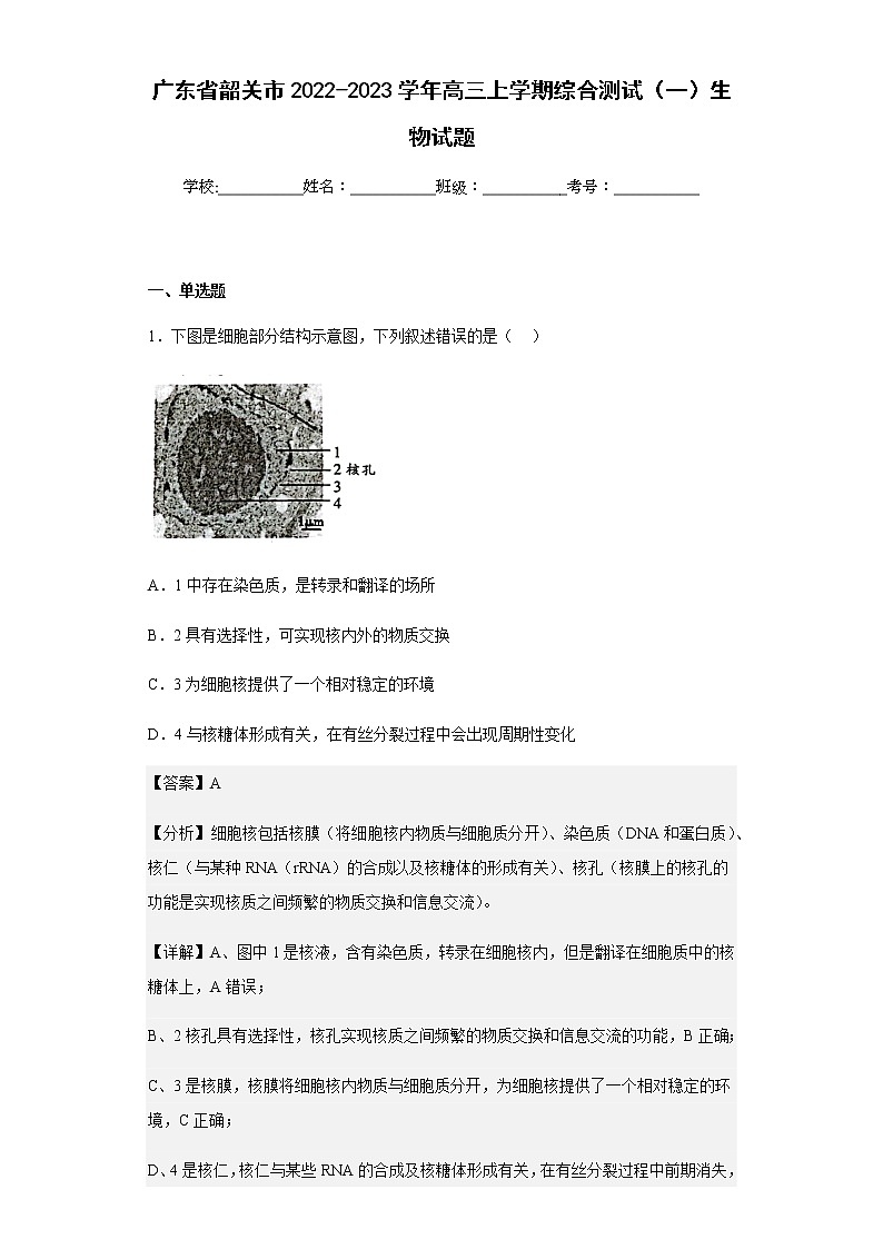 2022-2023学年广东省韶关市高三上学期综合测试（一）生物试题含解析01