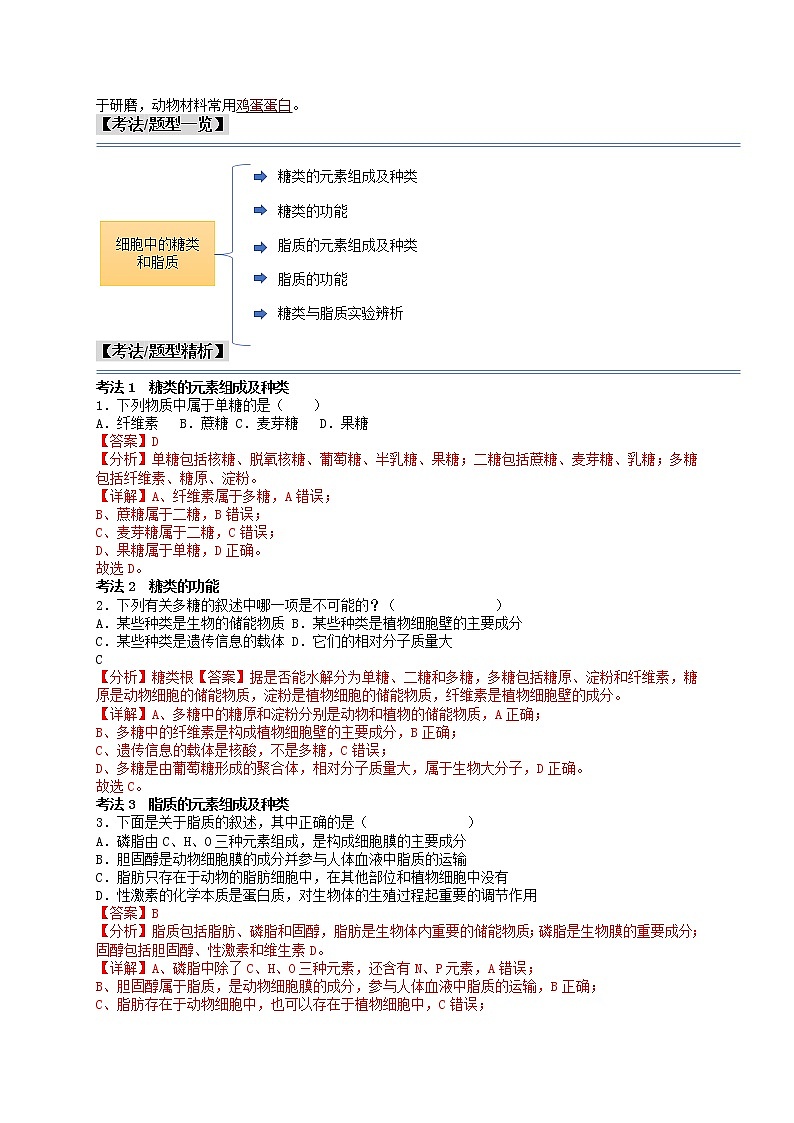 第4讲 细胞中的糖类和脂质-【分类归纳】最新高一生物考法和题型分类精讲（人教版2019必修1）02