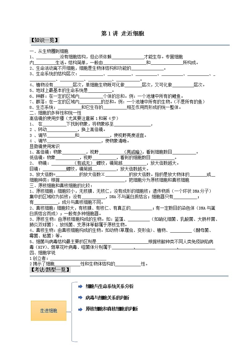 第1讲 走近细胞-【分类归纳】最新高一生物考法和题型分类精讲（人教版2019必修1）01