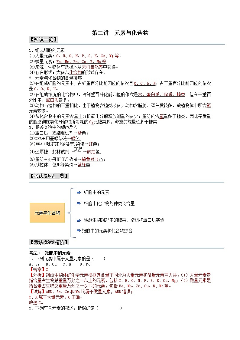 第2讲 细胞中的元素与化合物-【分类归纳】最新高一生物考法和题型分类精讲（人教版2019必修1）01