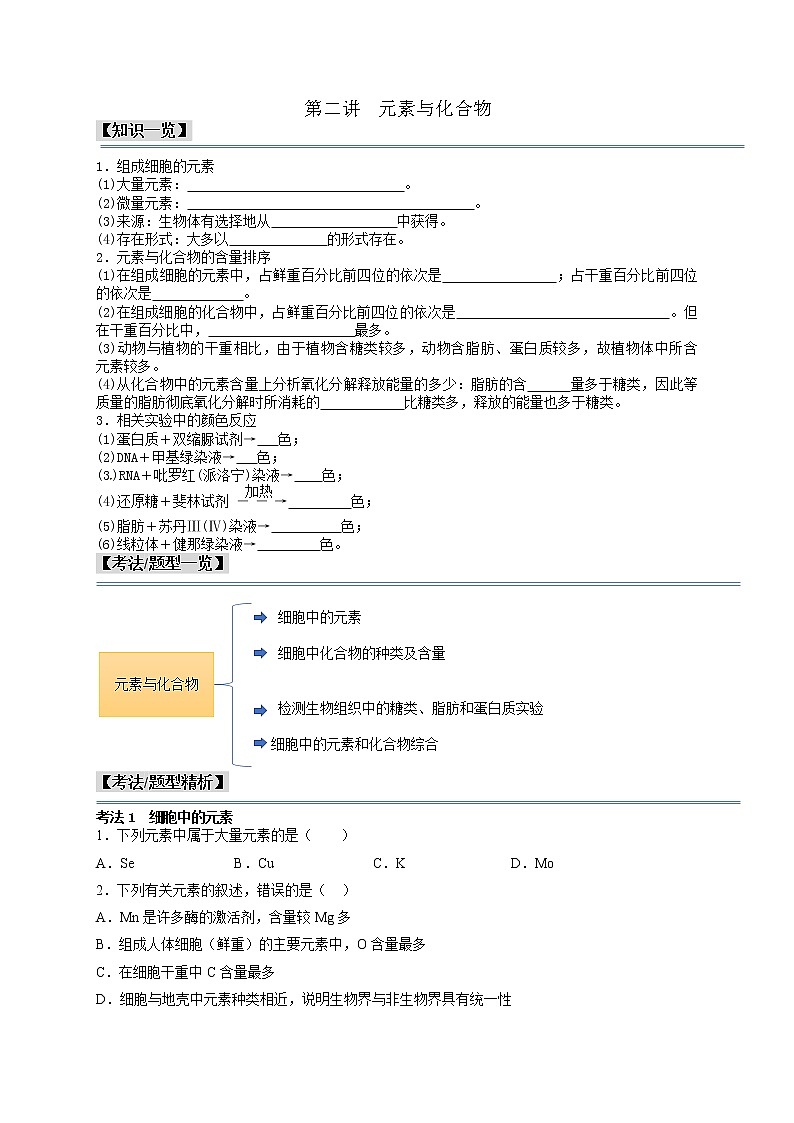 第2讲 细胞中的元素与化合物-【分类归纳】最新高一生物考法和题型分类精讲（人教版2019必修1）01
