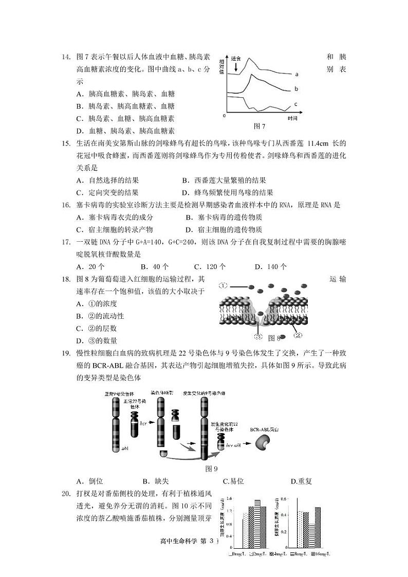 2021届上海市金山区高三上学期期末质量监控（一模）（12月）生物试题 PDF版第3页