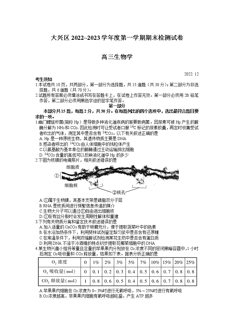 北京市大兴区2022-2023学年高三生物上学期期末检测试卷（Word版附答案）01