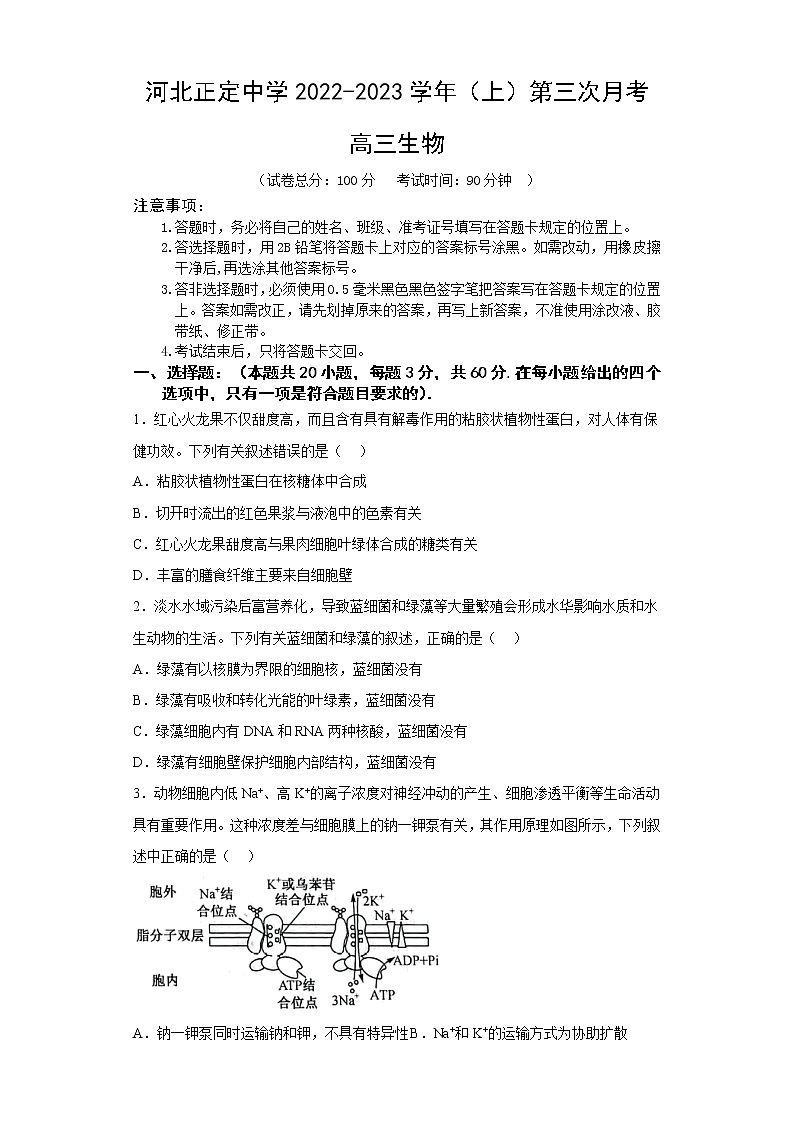 2023石家庄正定中学高三上学期12月月考试题生物含答案01