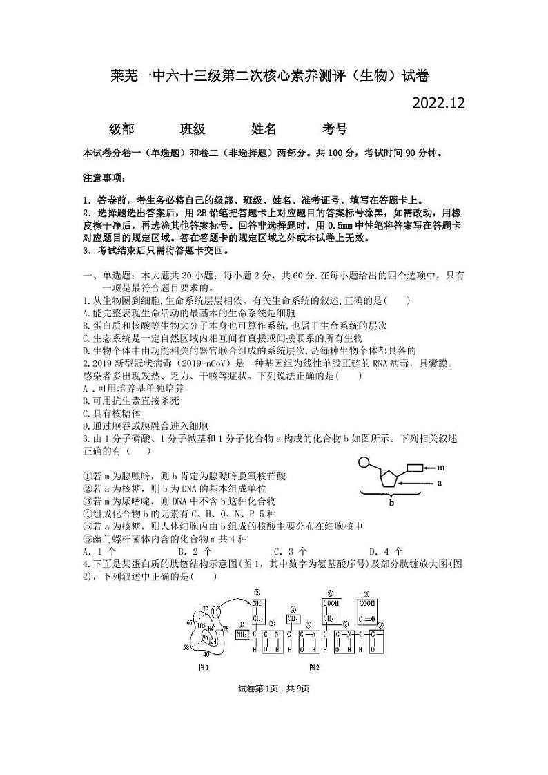 山东省济南市莱芜第一中学2022-2023学年高一上学期第二次核心素养测评生物试题第1页