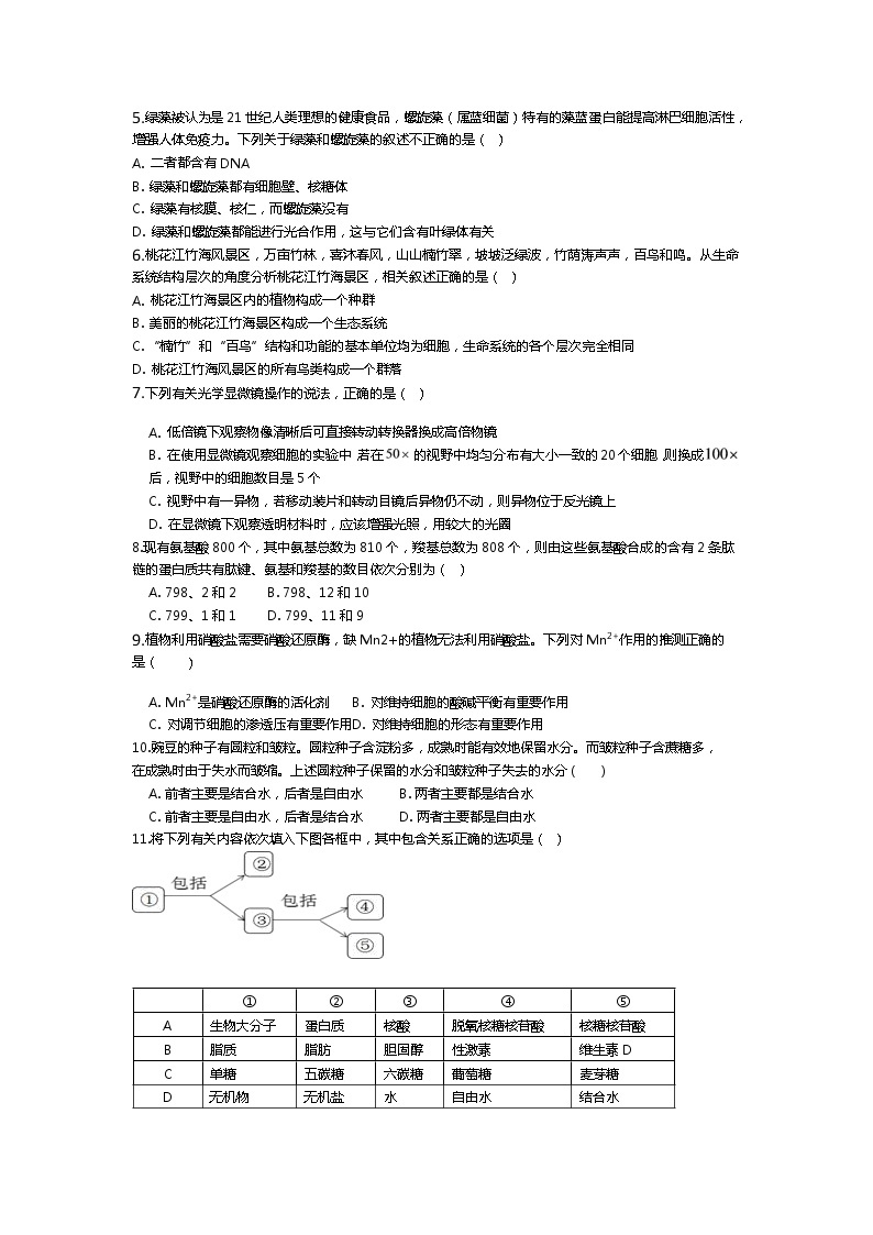 湖北省襄阳市第五中学2022-2023学年高一生物上学期12月月考试题（Word版附答案）02