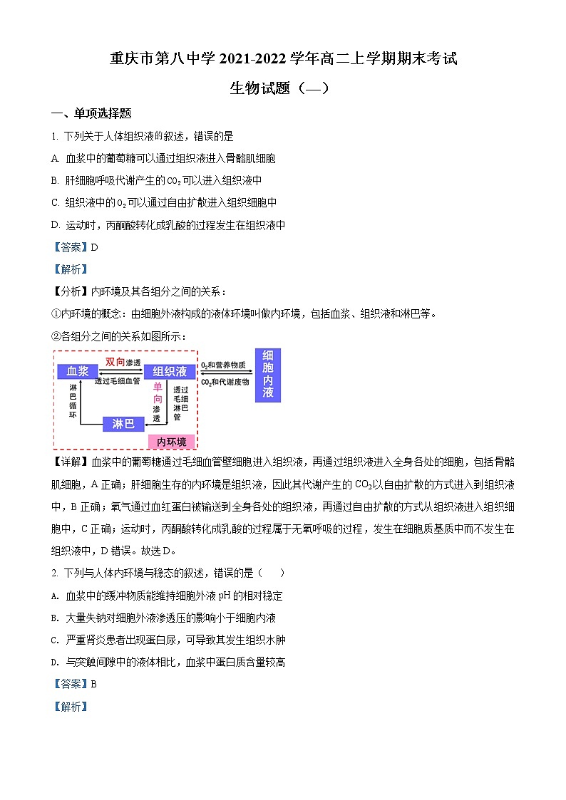 2021-2022学年重庆市八中高二上学期期末生物试题  （解析版）第1页