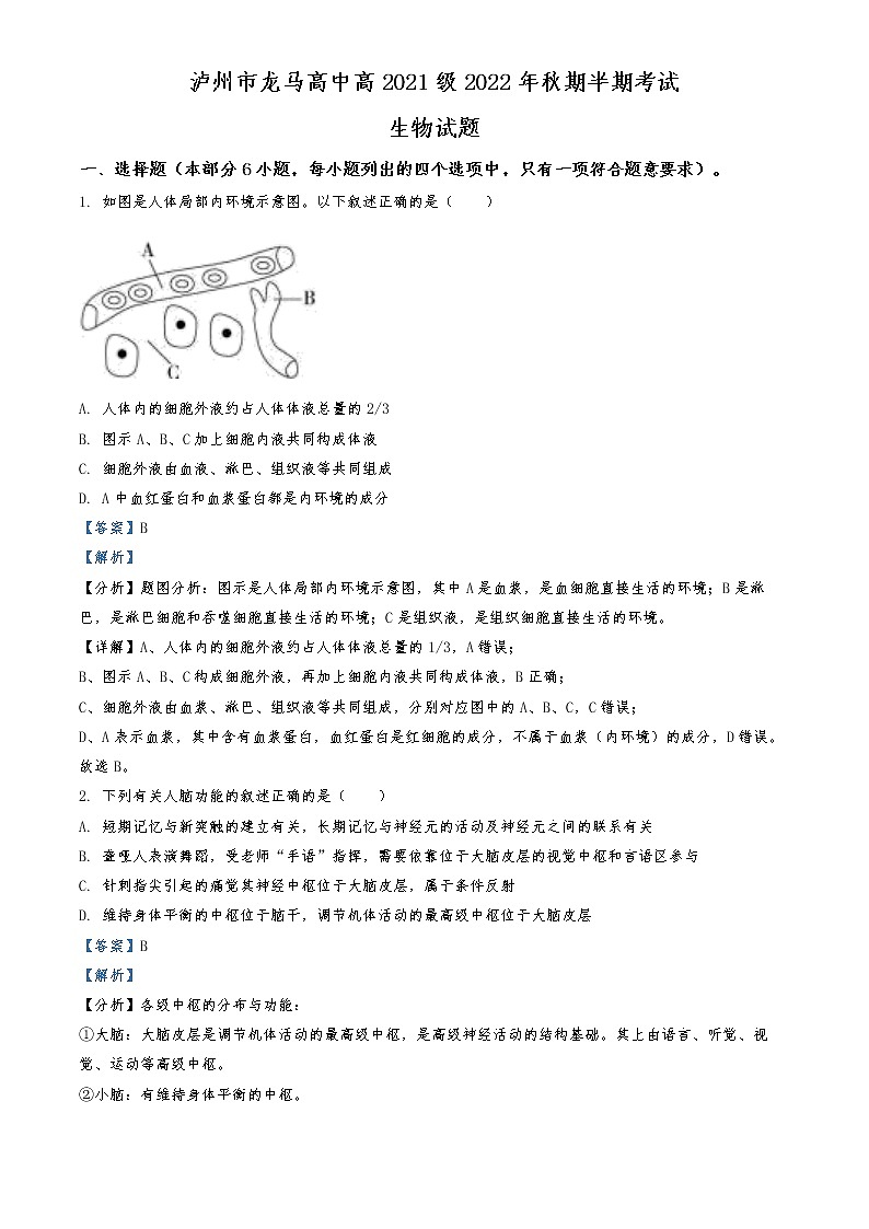 2022-2023学年四川省泸州市龙马高中高二上学期期中生物试题  （解析版）第1页