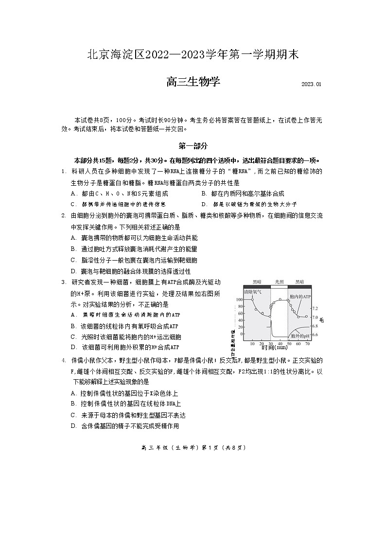 北京市海淀区2022-2023学年高三生物上学期1月期末练习（Word版附答案）01