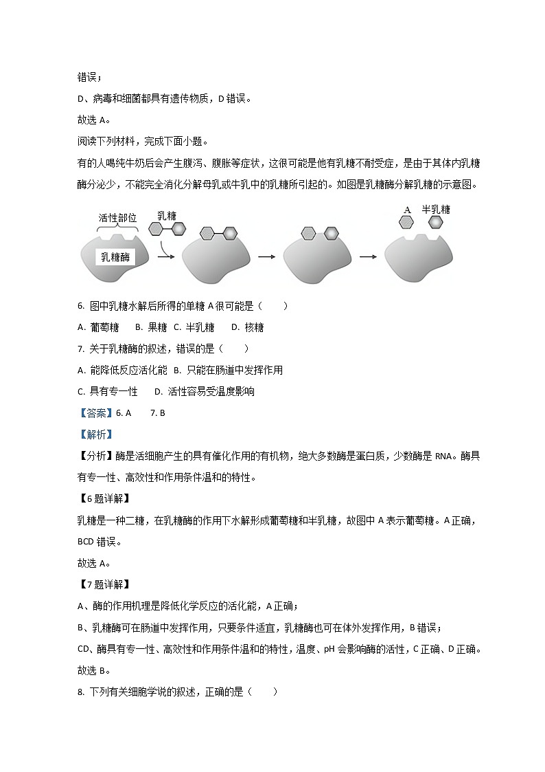 2022衢州高一上学期期末考试生物试题含解析03