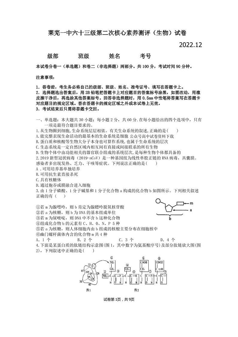 山东省济南市莱芜第一中学2022-2023学年高一上学期第二次核心素养测评生物试题第1页