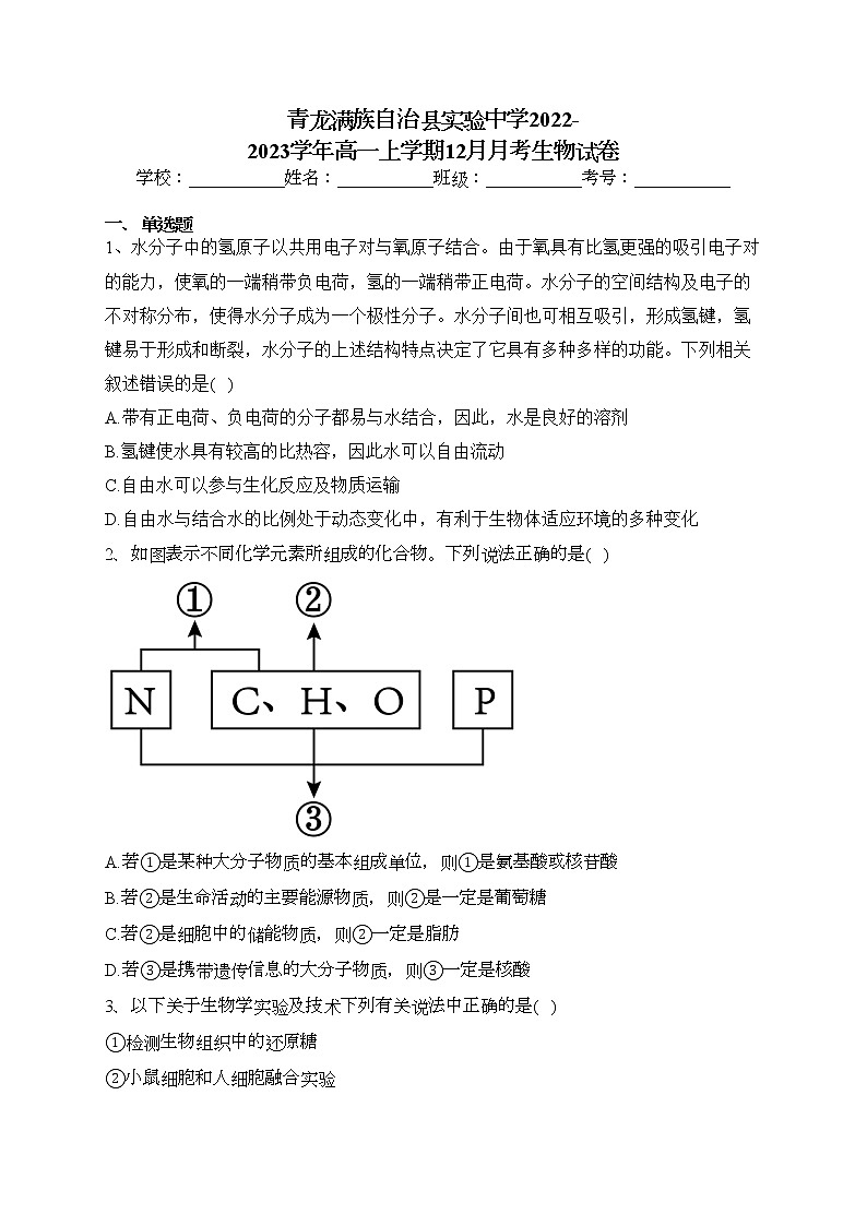 青龙满族自治县实验中学2022-2023学年高一上学期12月月考生物试卷(含答案)01