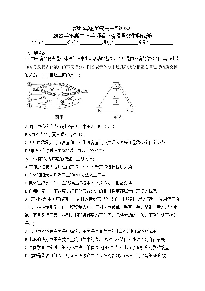 深圳实验学校高中部2022-2023学年高二上学期第一阶段考试生物试卷(含答案)第1页