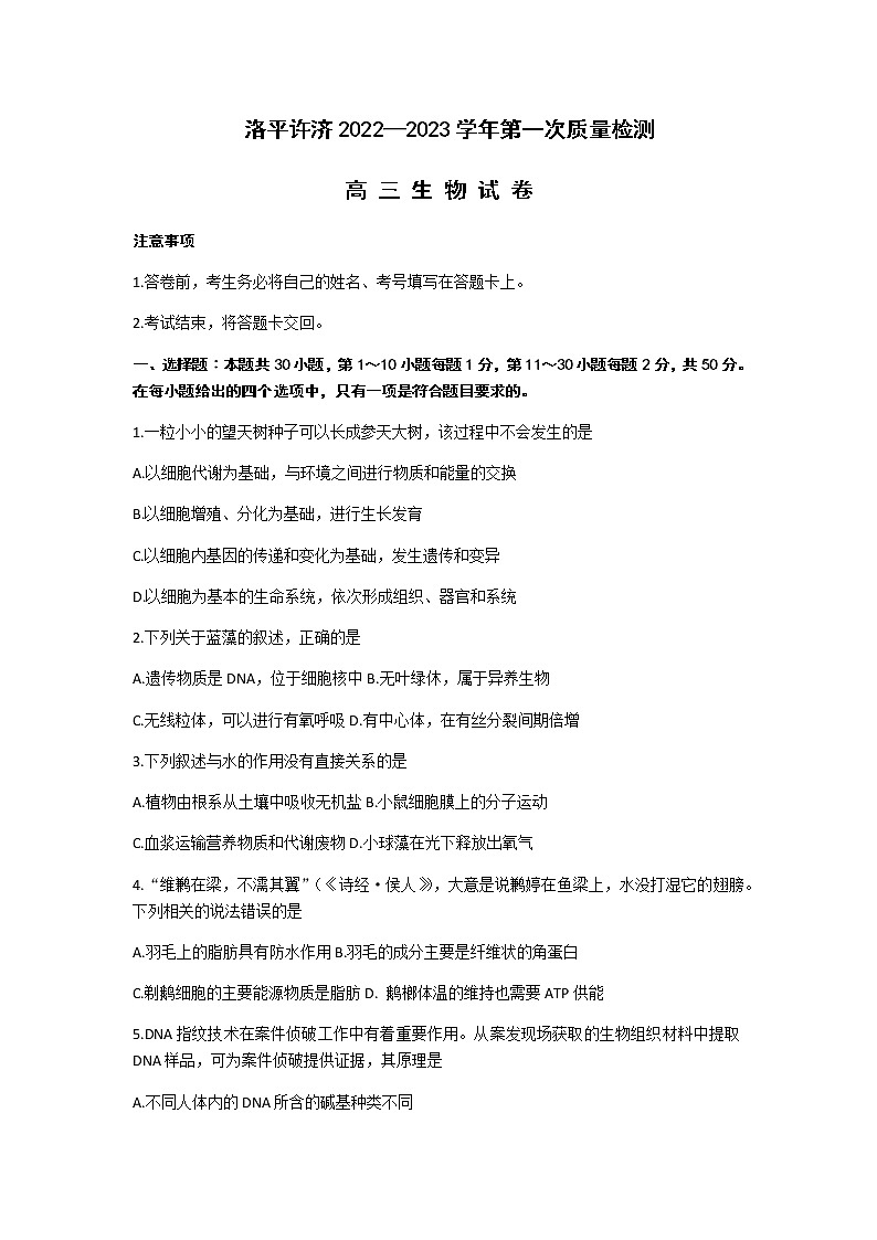 2023届河南省洛平许济联考高三上学期第一次质量检测生物试题含答案01