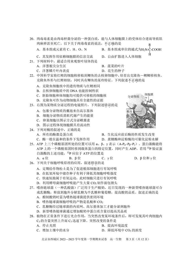 北京市西城区 2022—2023 学年度高一第一学期期末生物试题及答案第3页