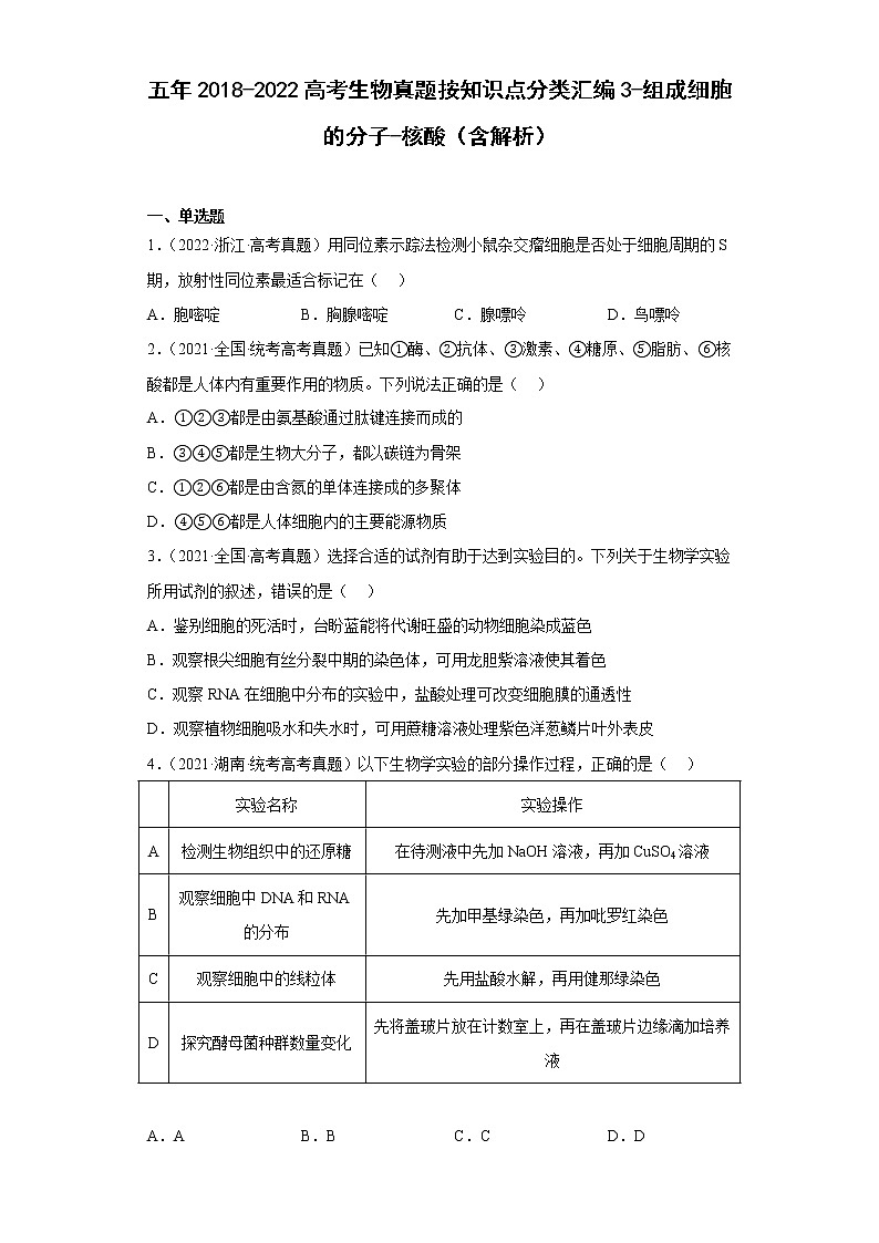 五年2018-2022高考生物真题按知识点分类汇编3-组成细胞的分子-核酸（含解析）第1页