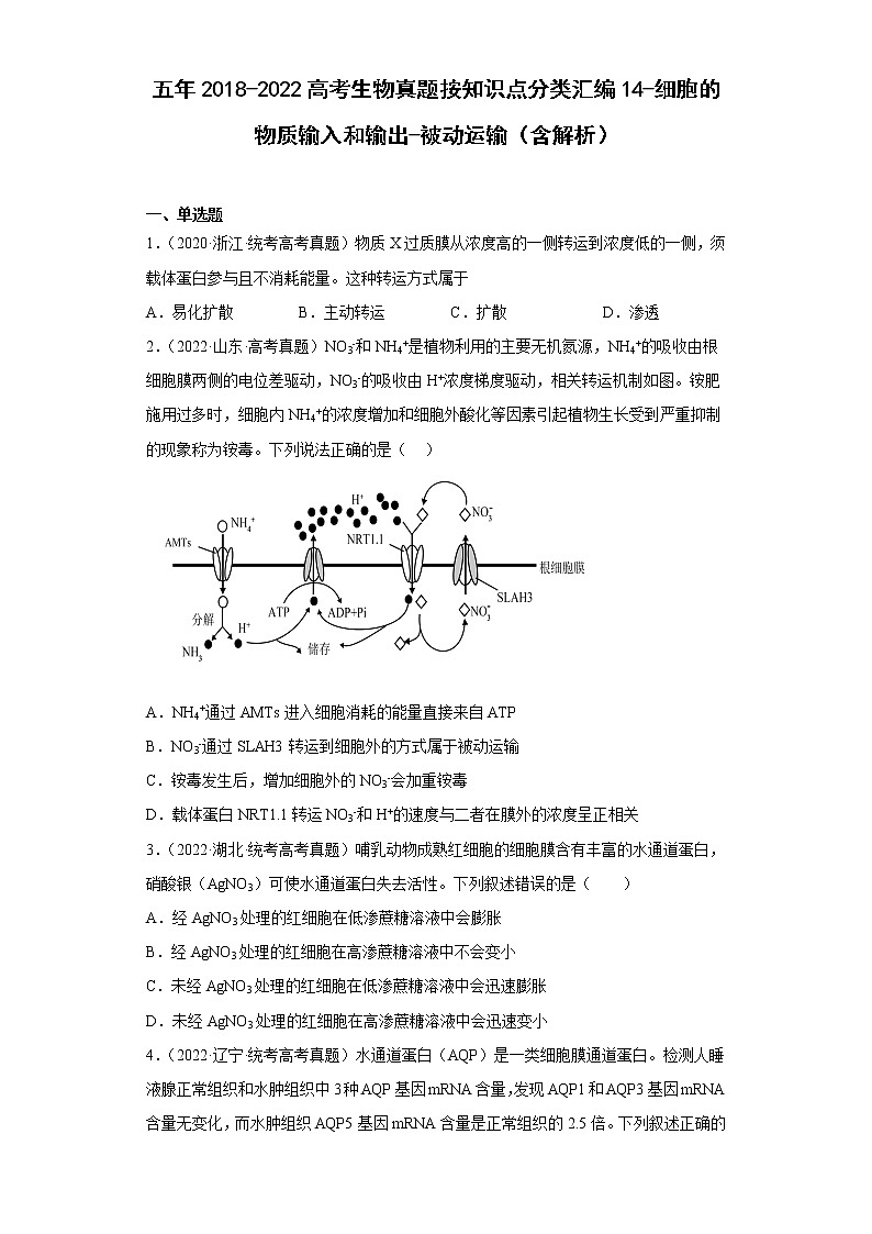 五年2018-2022高考生物真题按知识点分类汇编14-细胞的物质输入和输出-被动运输（含解析）第1页