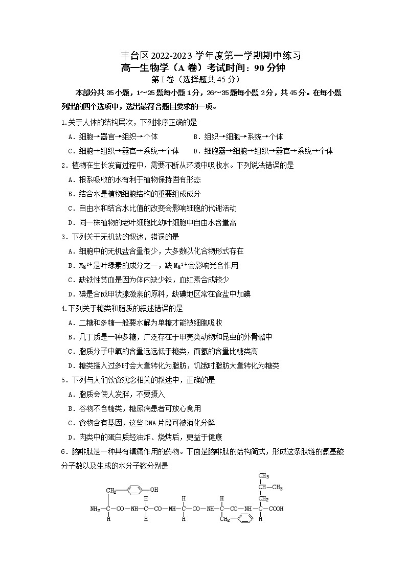 北京市丰台区2022-2023学年高一上学期11月期中考试生物试题A卷（Word版附答案）01
