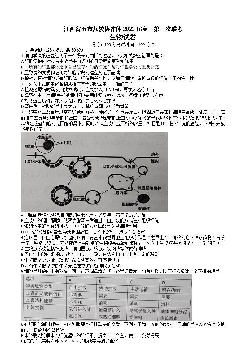 2023江西省五市九校协作体高三上学期第一次联考生物试题含答案（图片版）01