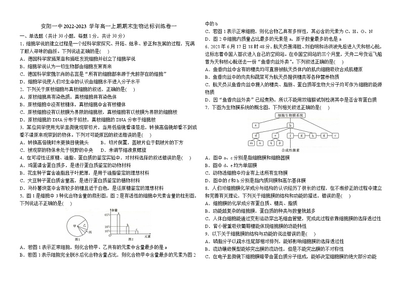 2022-2023学年河南省安阳市第一中学高一上期期末达标训练卷一生物试题01
