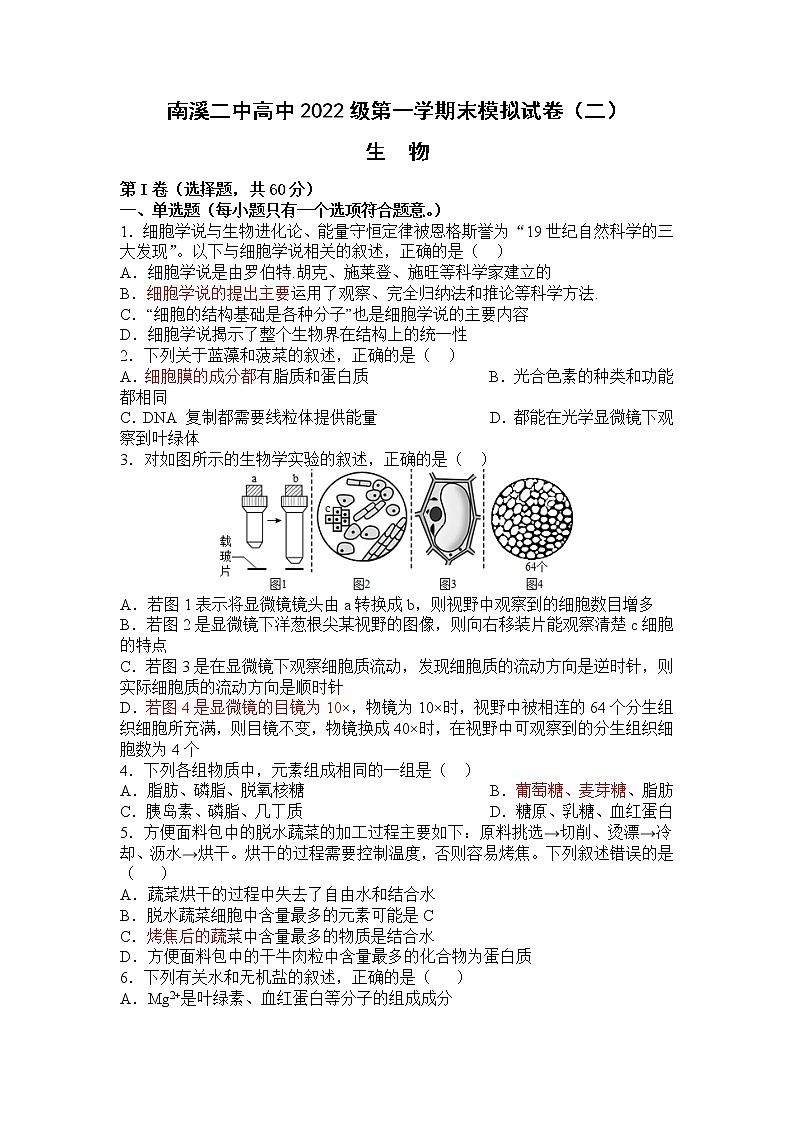 2022-2023学年四川省宜宾市南溪第二中学校高一上学期生物期末模拟试题（二）第1页