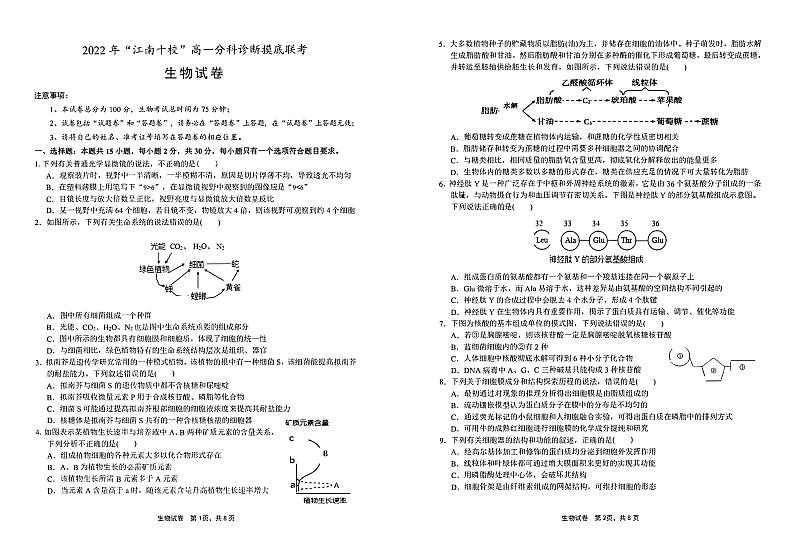 2022-2023学年安徽省江南十校高一上学期12月分科诊断摸底联考生物试题 PDF版01