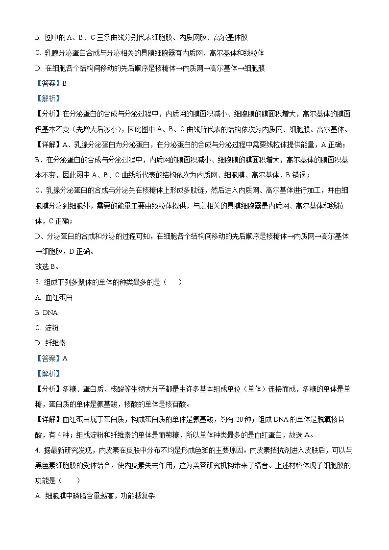 2022-2023学年福建省厦门市湖滨中学高一上学期期中生物试题（解析版）02