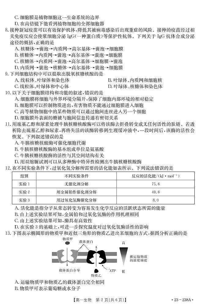 2022-2023学年河南省新乡市高一上学期选科调研二生物试题PDF版第2页
