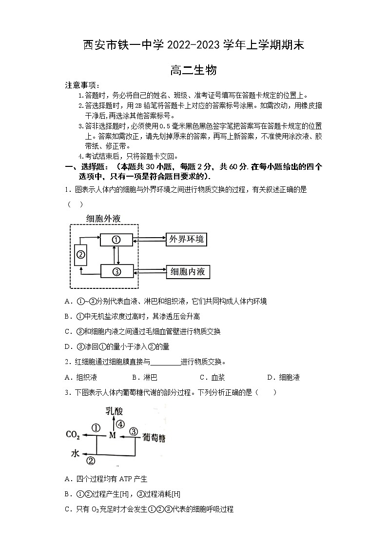 陕西省西安市铁一中学2022-2023学年高二生物上学期1月期末试题（Word版附答案）第1页